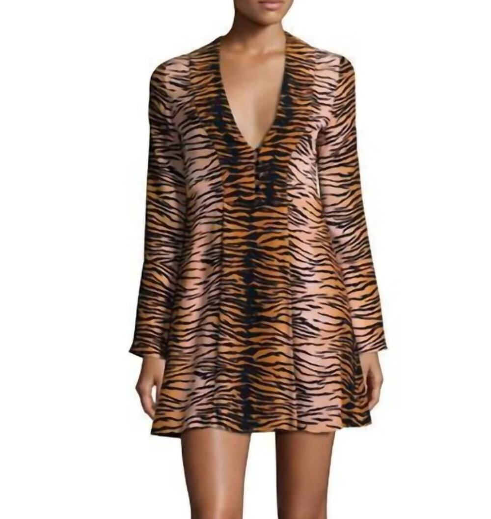 A.L.C. Brinkley Silk Mini Dress Animal Print V Neck A Line Long Sleeve Boho US 0